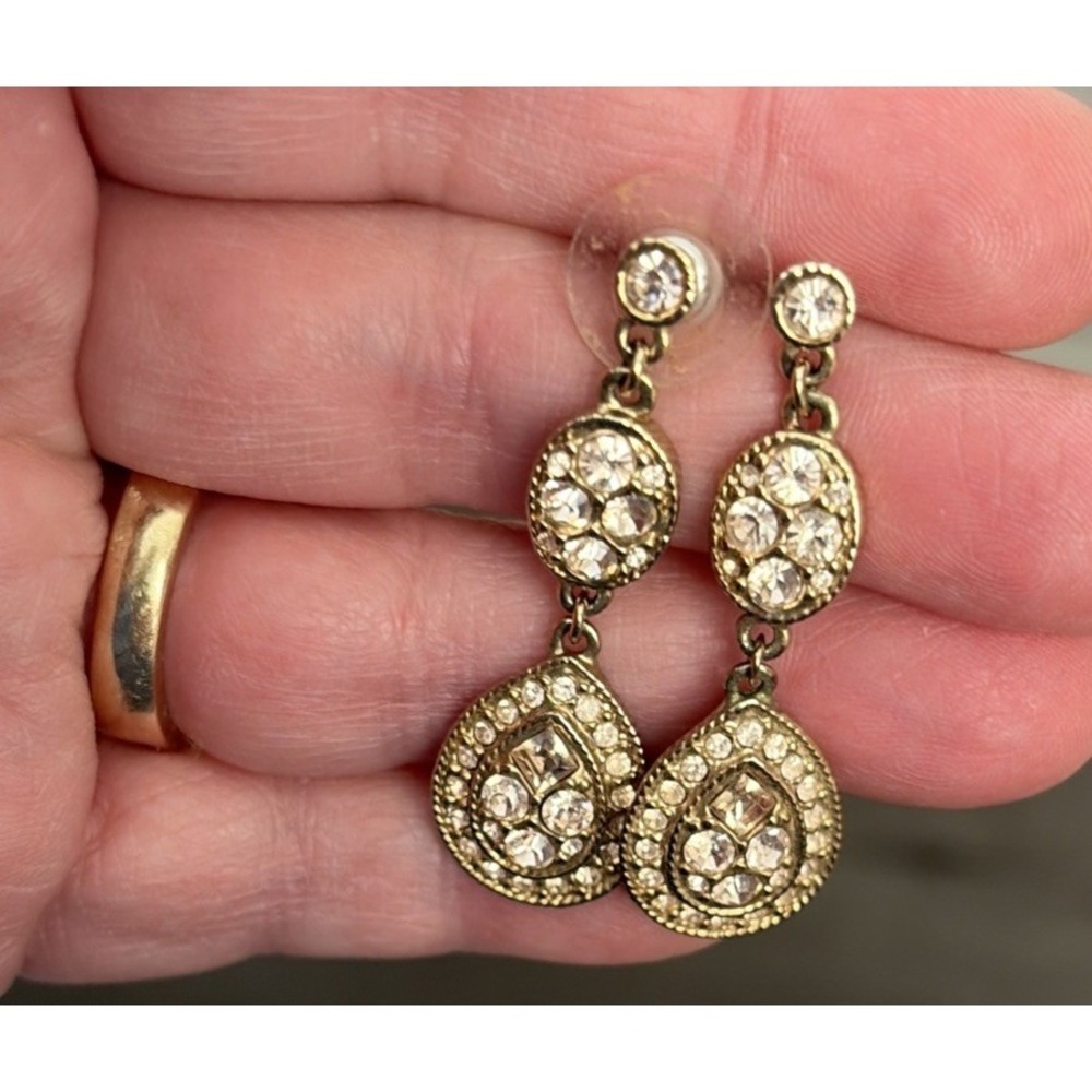 Givenchy Diamante Dangle Earrings Teardrop GP Clear Crystals Signed Wedding Prom